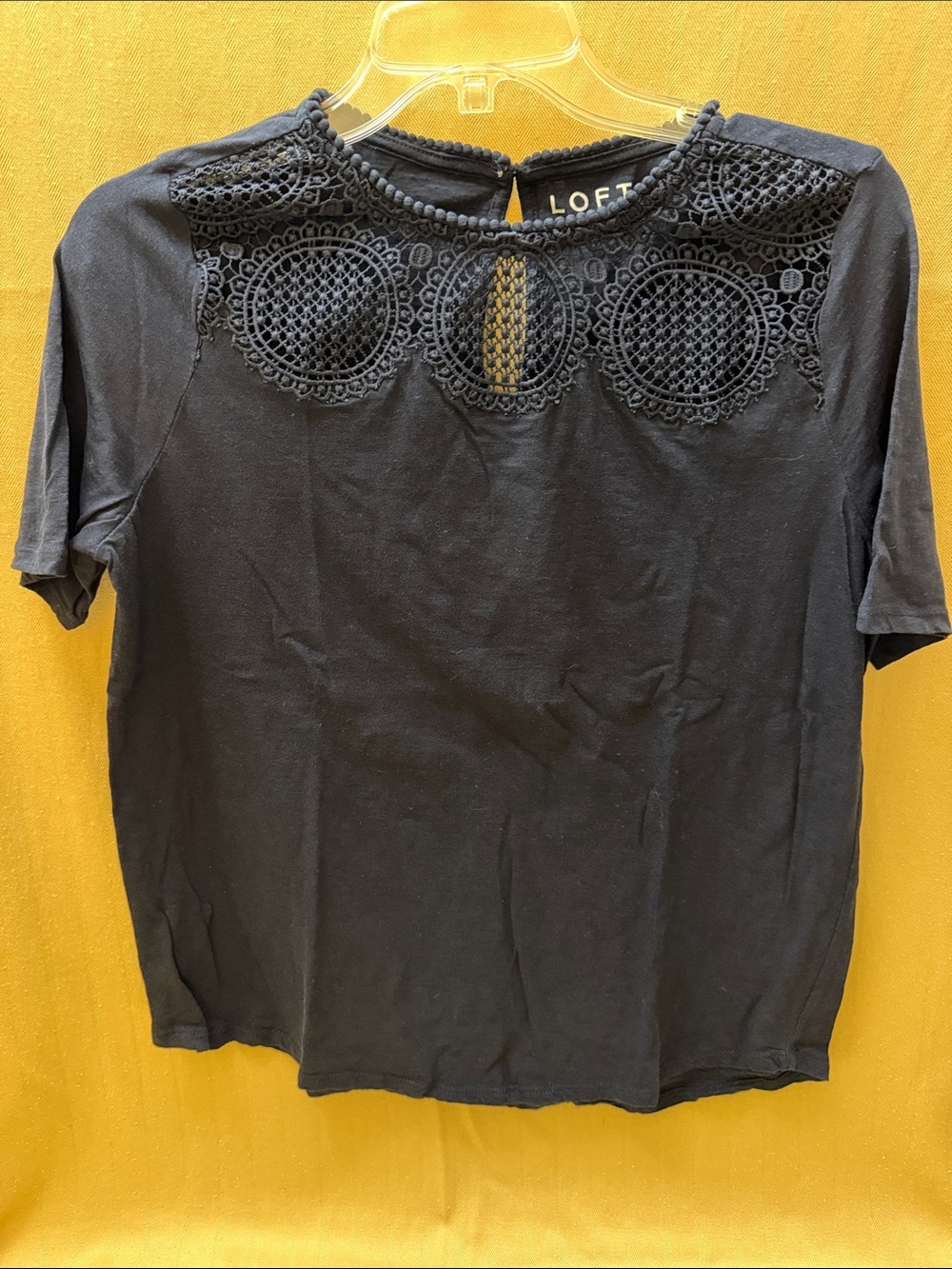 LOFT Navy Crochet Yoke Short Sleeve Tee